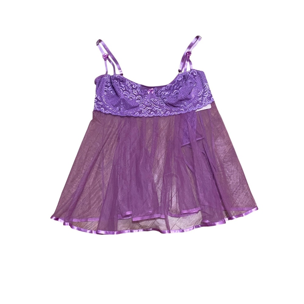 Intimate Attitudes Women 3X Purple Lace Mesh Babydoll Chemise & Thong Sheer NWT